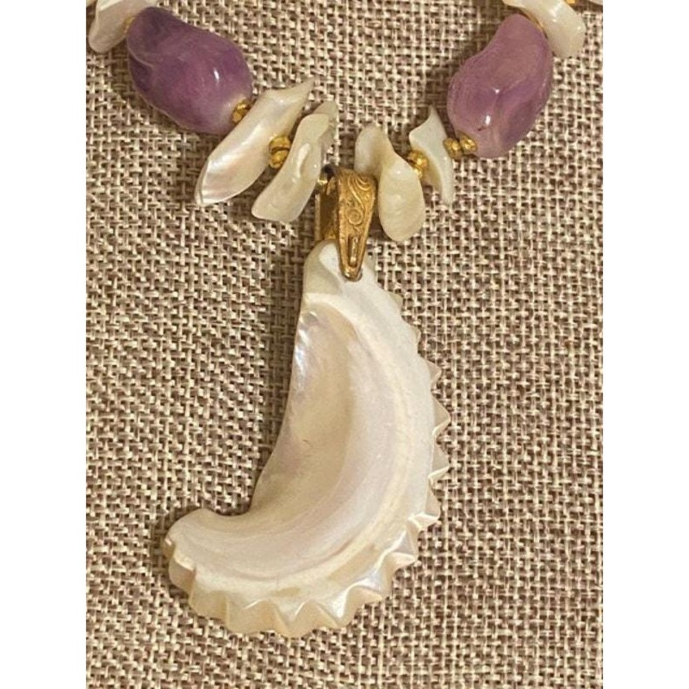 Miriam Haskell Goldtone Amethyst and MOP Shell Pendant Necklace 23" - Picture 7 of 8